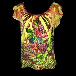 B.L.E.U flower graphic design shirt Size Large bright colorful embellishment